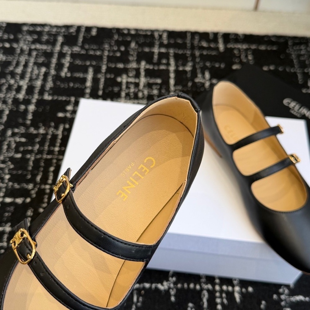 Women's CELINE Mary Jane Double Strap Leather Flats in Black with Gold Hardware - Picture 4 of 6
